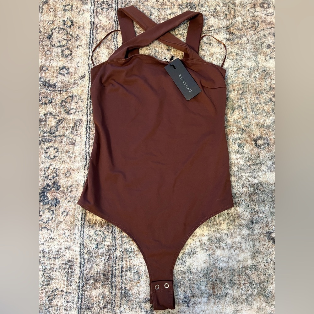 DYNAMITE Womens Square Neck Tank Bodysuit Bitter Chocolate XS Slim Fit - Picture 6 of 16